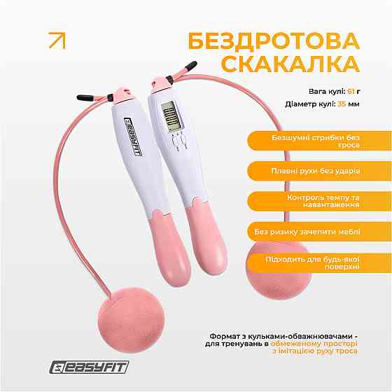 Скакалка без шнура EasyFit TwinRope з лічильником 2,8 м білий-рожевий Коломия