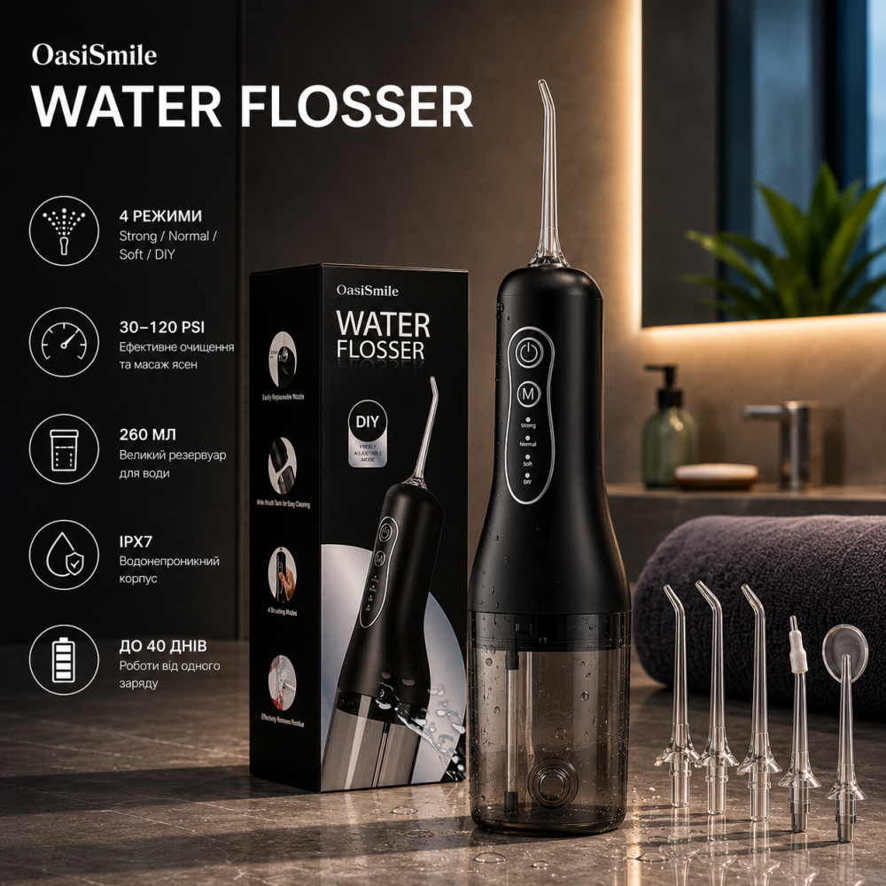 Беспроводной ирригатор OasiSmile 260 мл, 4 режима, 5 насадок, 30–120 PSI, IPX7, аккумулятор до 40 дней Киев - изображение 1