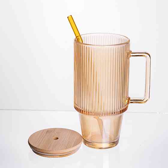 Скляна чашка з кришкою і трубочкою 750 мл Коричнева HP-19-50R Коломыя