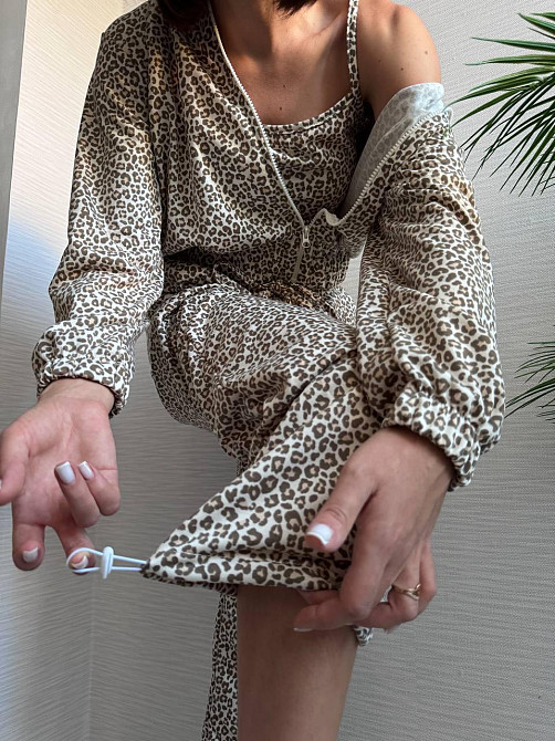 Жіночий леопардовий костюм-трійка з подвійним капюшоном двонитка Беж, 46/48 Одеса - фото 5