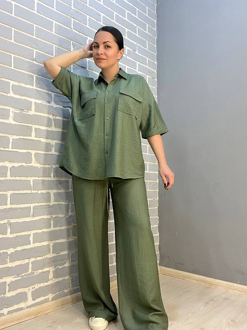 Костюм жіночий Mix Ray 4218 тканина жатка сорочка на гудзиках кишені та широкі штани на резинці хакі, хакі, S Київ - фото 15