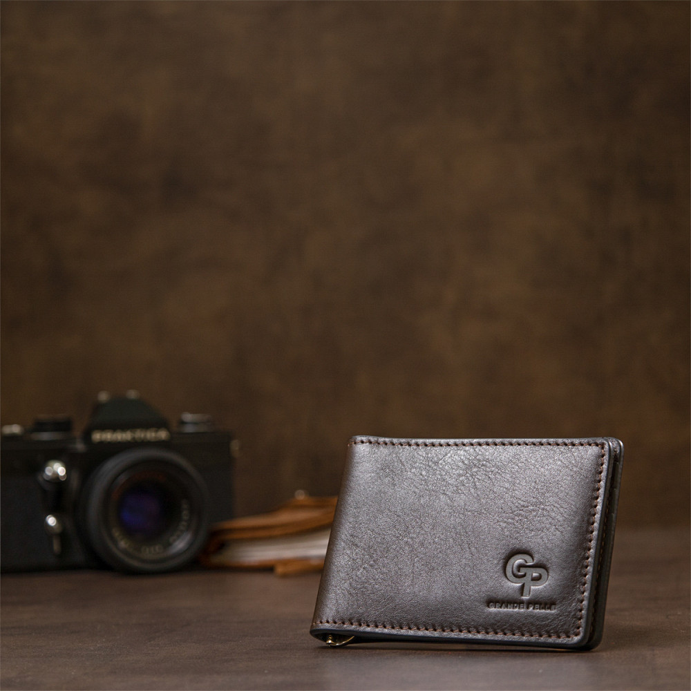 Мужской кожаный зажим для денег Коричневый (GRANDE PELLE) Киев - изображение 2