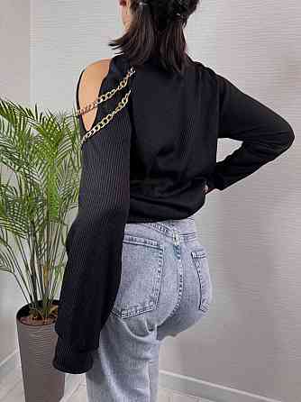 Стильний жіночий під горло светр із ланцюжком щільна ангора рубчик на фліс Чорний, 48/50 Одеса