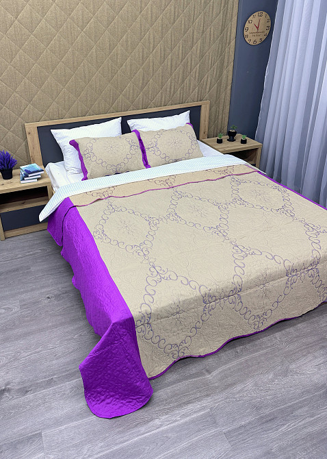 Покривало стьобане з наволочками Expo Trade 220x220 (+-10 см) бежевий з лавандовим (85-164) Київ - фото 5