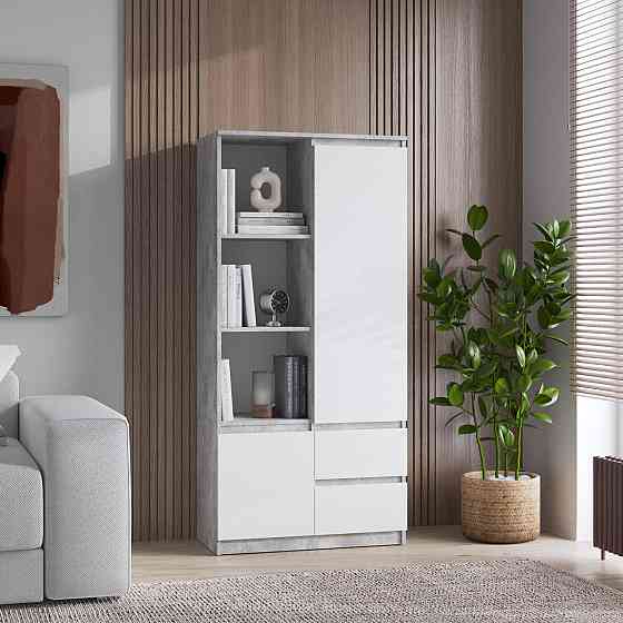 Шкаф для книг VAYS R-26 Бетон-Белый фасад, пенал с полками и ящиками, ЛДСП, 80×40×170 см - для дома, офиса, гостиной Львов