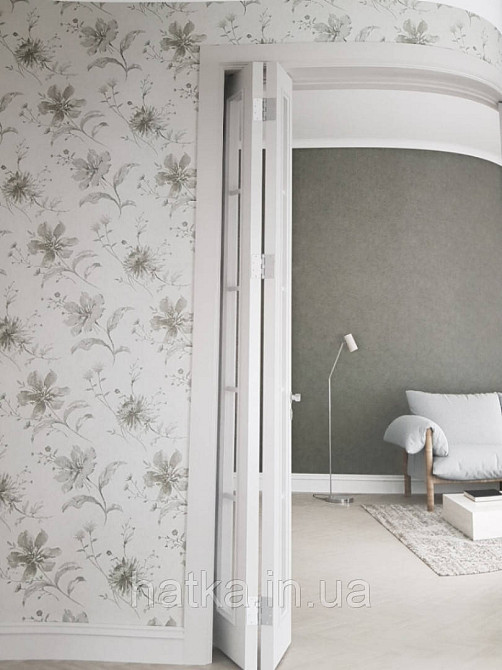 Шпалери вінілові на флізелін Marburg Shades гарячого тиснення квіти прованський стиль чорні на ясно сірому Київ - фото 2