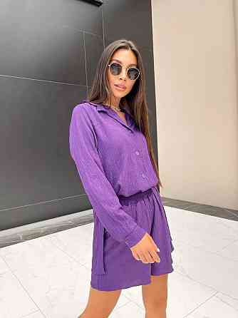 Летний костюм рубашка и шорты из американского крепа-жатки, свободный крой, Фиолетовый, размер L-XL (48-50) Лубны