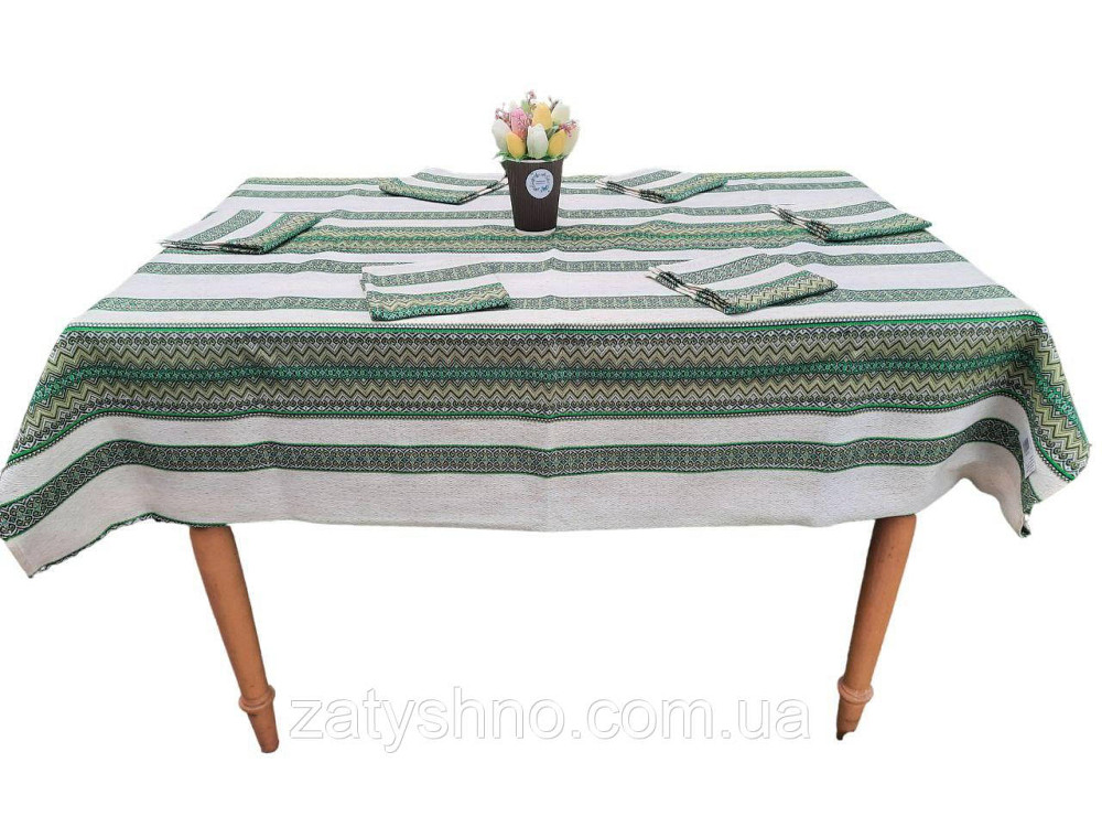 Зелена скатертина з серветками на льону машинна вишивка 230*140 Київ - фото 2