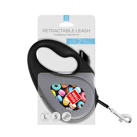 Повідець-рулетка для собак WAUDOG R-leash, малюнок "Пончики", L, до 50 кг, 5 м, світловідбивна стрічка чорний Вінниця