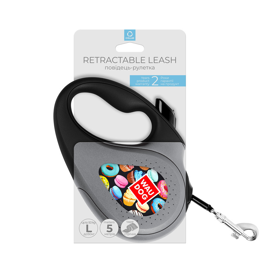 Повідець-рулетка для собак WAUDOG R-leash, малюнок "Пончики", L, до 50 кг, 5 м, світловідбивна стрічка чорний Вінниця - фото 4