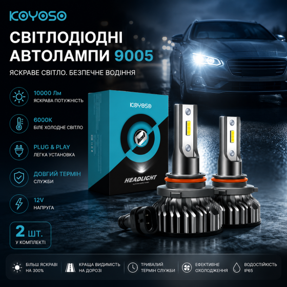 Світлодіодні лампи KOYOSO 9005 (HB3), 10000 Лм, 6000K, LED-автолампи для заміни галогену, 12V (комплект 2 шт.) Київ