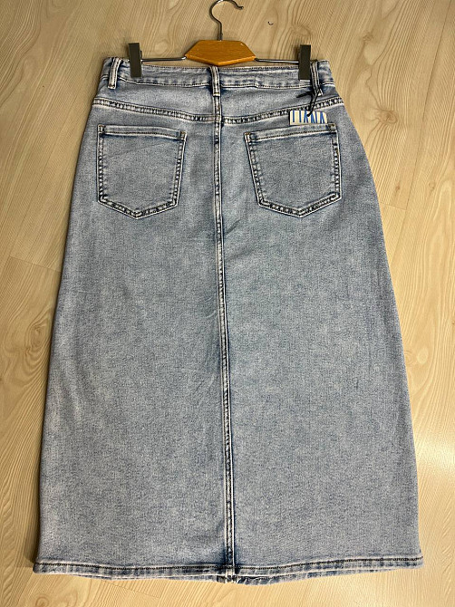 Юбка женская джинсовая Liana 421 россыпь камешков прямая разрез впереди стрейчевая большие размеры голубая, голубой, 4О, 40, 105 см, 127 см Киев - изображение 7