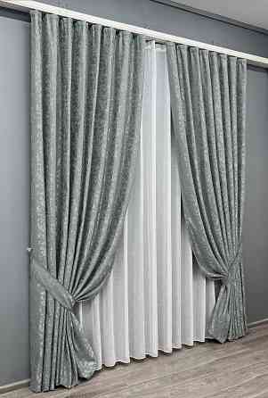 Комплект штор VR-Textil Льон Мармур 100х270 2шт і Тюль 400х270 1264ш-115т Сірий з білим 71-126/2 Київ