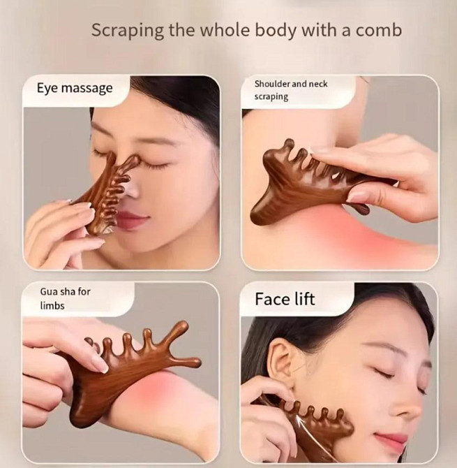 Дерев’яний масажер 4-в-1 із сандалового дерева | Гуаша‑гребінець для голови, шиї, обличчя, тіла, ант Київ - фото 4