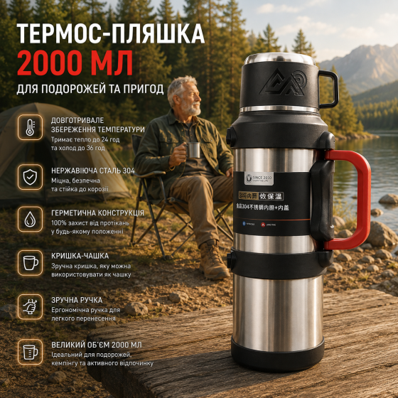 Термос-бутылка 2000 мл из нержавеющей стали, вакуумный термос большого объема, термобутылка для путешествий Киев