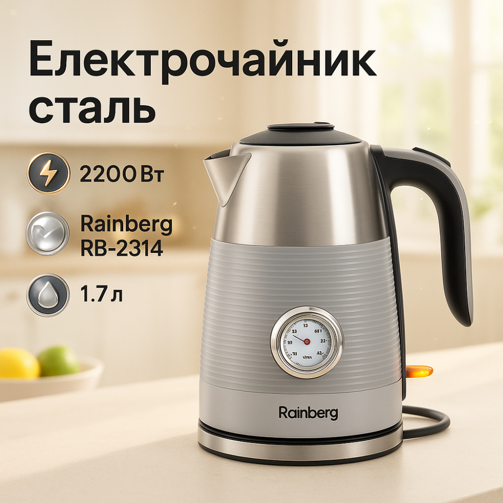 Чайник электрический с датчиком температуры Rainberg RB-2314 2200Вт 1.7л Gray JA-53 Львов - изображение 19