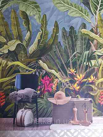 Шпалери вінілові Grandeco One roll one motif 1.59x2.8 панно лісорізне листя квіти зелені Київ