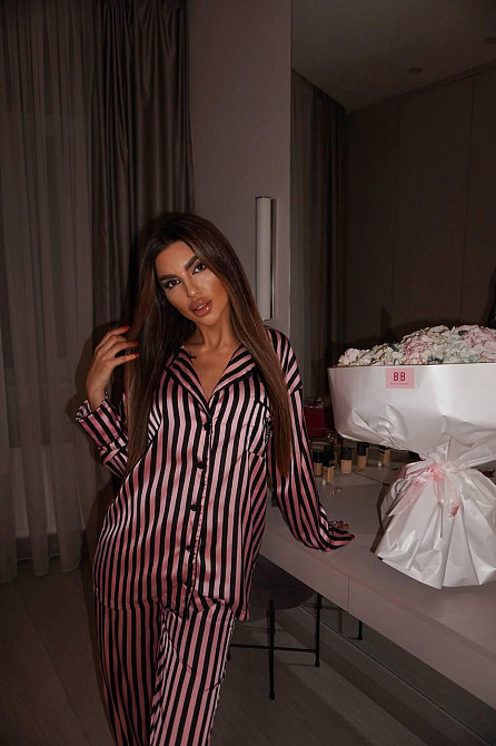 Женская шелковая пижама двойка в полоску Черный, 44/46 Одесса - изображение 4