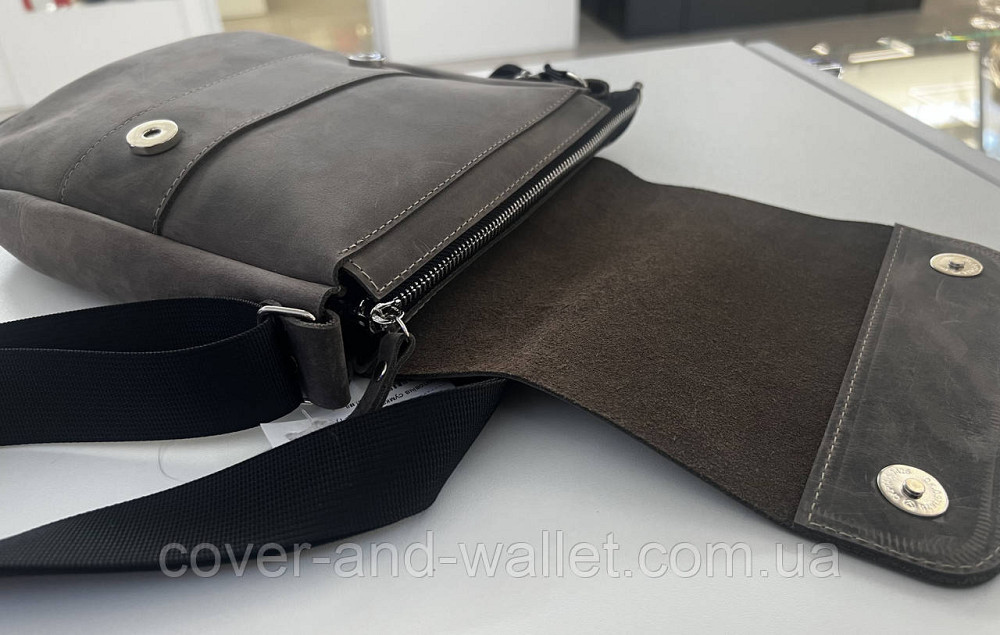 Стильная мужская сумка через плечо из винтажной кожи серого цвета PS Leather Киев - изображение 3