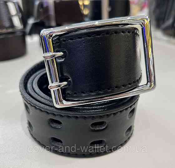Черный мужской перфорированный ремень с пряжкой на две спицы 40 мм PS Leather Киев