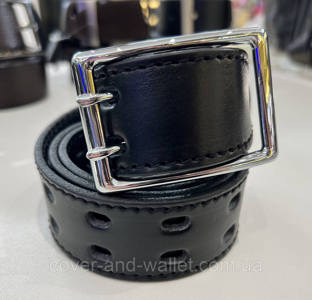 Черный мужской перфорированный ремень с пряжкой на две спицы 40 мм PS Leather Киев - изображение 1