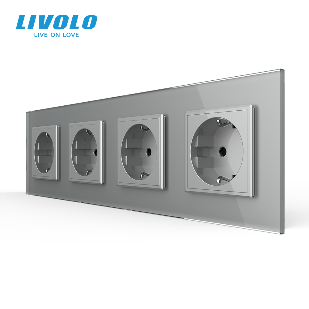LIVOLO Чотиримісна електрична розетка з заземленням LIVOLO, сіра, скляна рамка, шторки, 250В 16 Коломия - фото 6