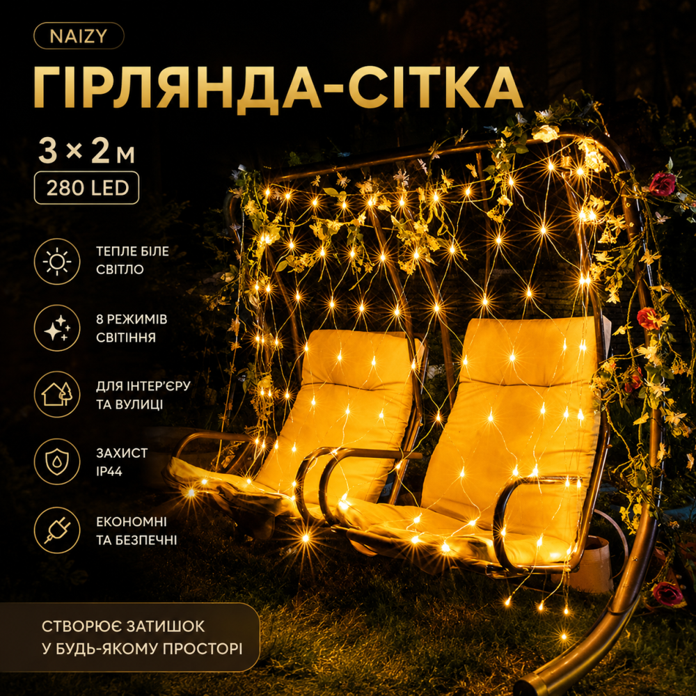 Світлодіодна гірлянда-сітка NAIZY 3×2 м (280 LED) — Тепле біле світло, 8 режимів, для інтер’єру та вуличного декору Київ - фото 7