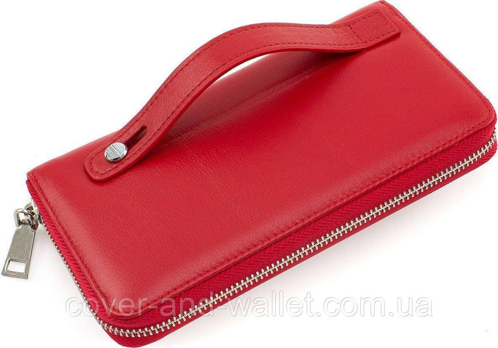 Шкіряний жіночий гаманець клатч червоного кольору на блискавці з ремінцем Marco Coverna MC 7003-2 Київ - фото 9
