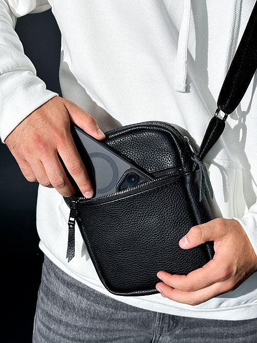 Сумка-мессенджер из натуральной кожи, сумка через плечо мужская SKILL Zero (Черная) Сумы - изображение 2