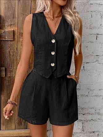 Жіночий базовий літній костюм-двійка: жилет і шорти льон жатка Чорний, 44/46 Одеса