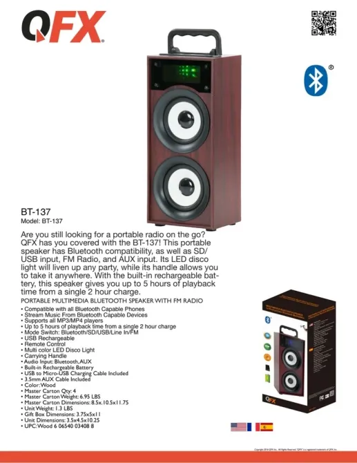 Портативная мультимедийная Bluetooth-колонка Qfx BT-137 с FM-приемником, USB, TF Card, AUX Днепр - изображение 3