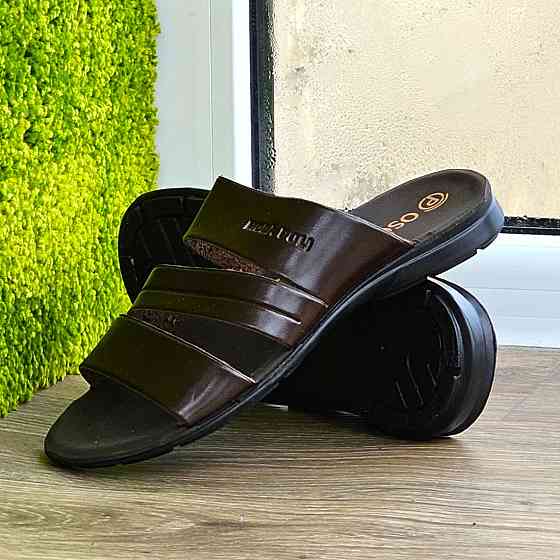 Мужские Шлёпанцы Тапочки Сланцы Коричневые Кожаные (размеры: 41,42,43,44,45) Днепр