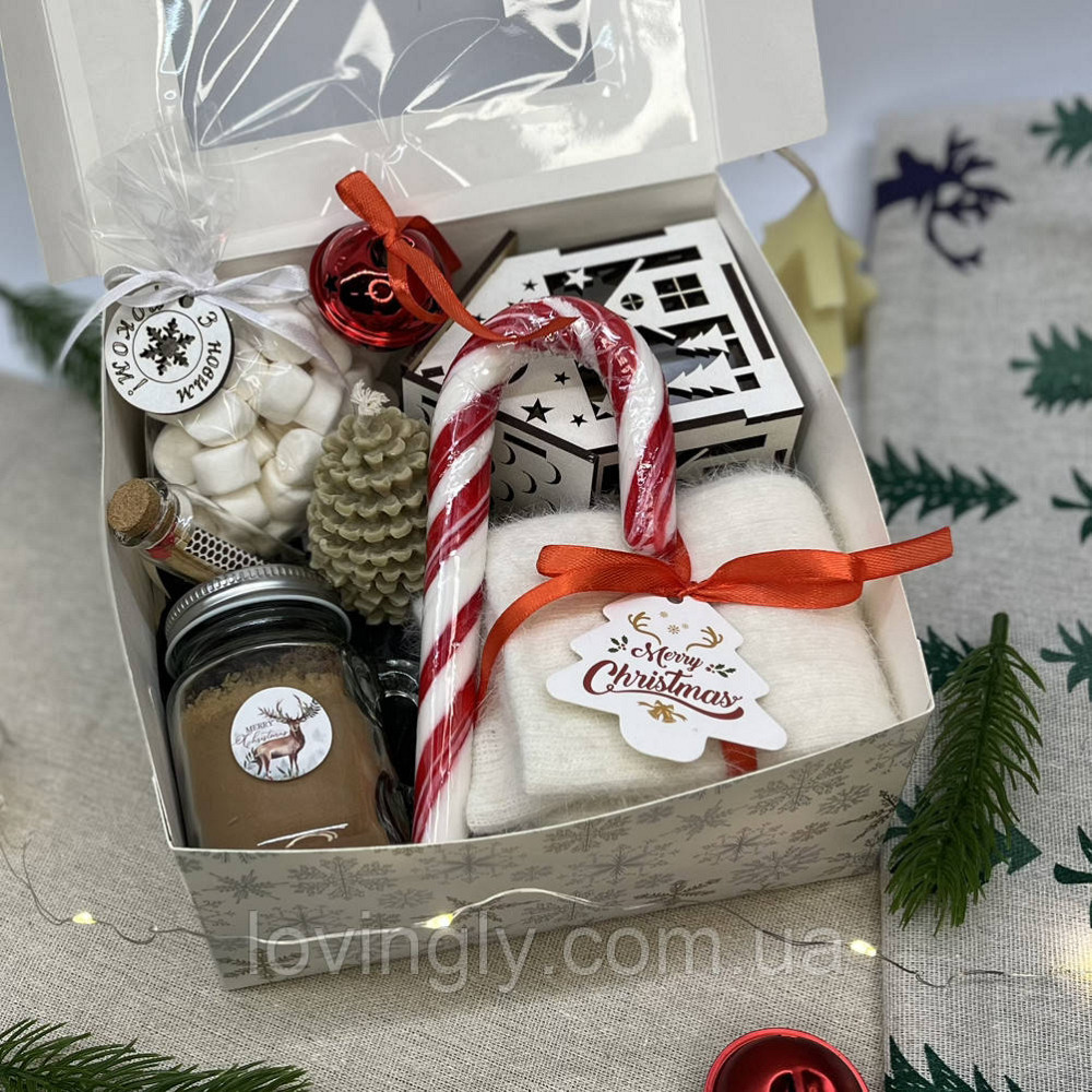 Новогодний подарок деревянный домик, кашемировые носки, горячий шоколад, свеча, сладости Ирпень - изображение 5