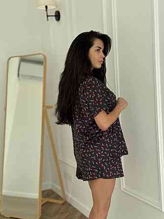 Піжама жіноча з сатину з шортами і сорочкою Чорний M-L Харків