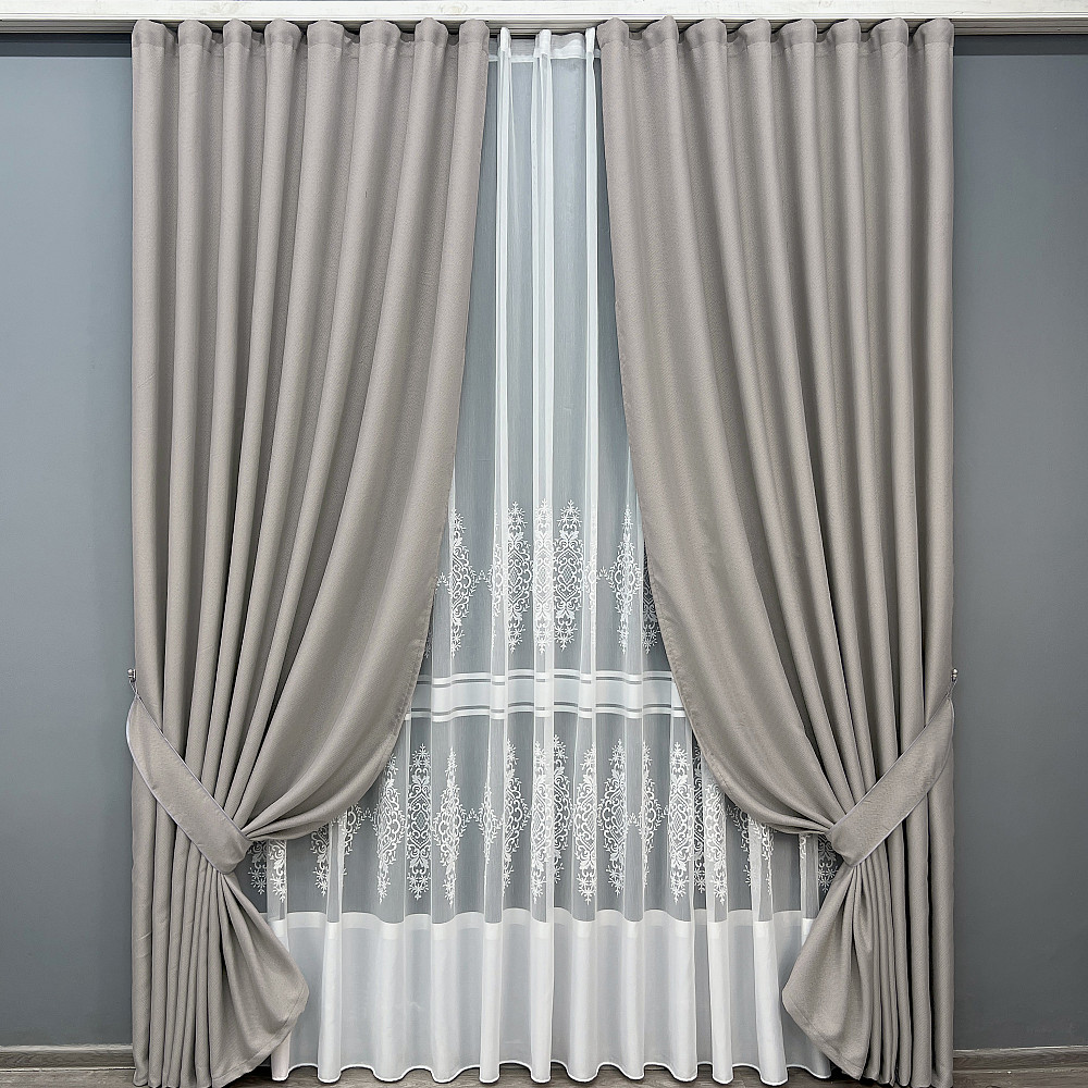Комплект штор VR-Textil Лен Мешковина 150х270 2шт и Тюль 400х270 867ш-1703т Светло-серый с белым 71-180/3 Киев - изображение 1