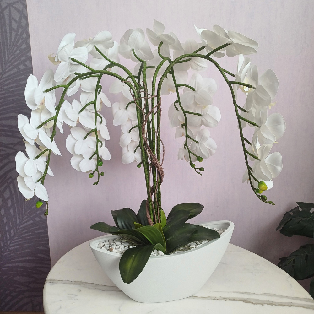 Штучна латексна орхідея преміум у білому керамічному кашпо на п'ять гілок біла Дніпро - фото 8