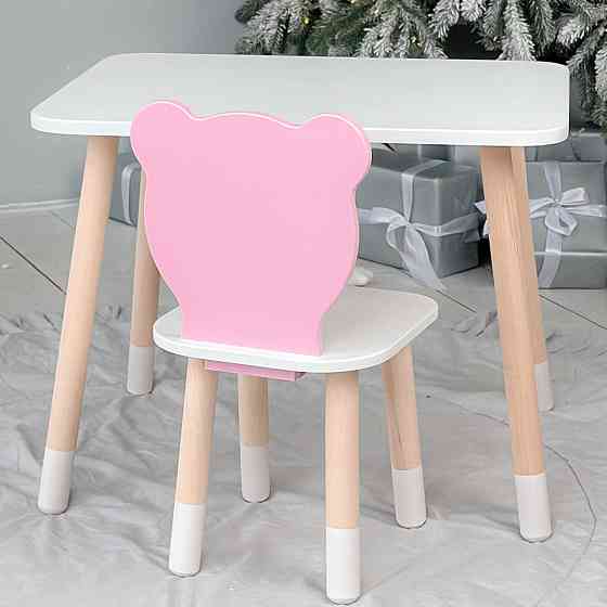 Стіл прямокутний 46х60х45 і стілець медвежа 26х26х24, столик та стільчик в дитячу, білий з рожевим Київ