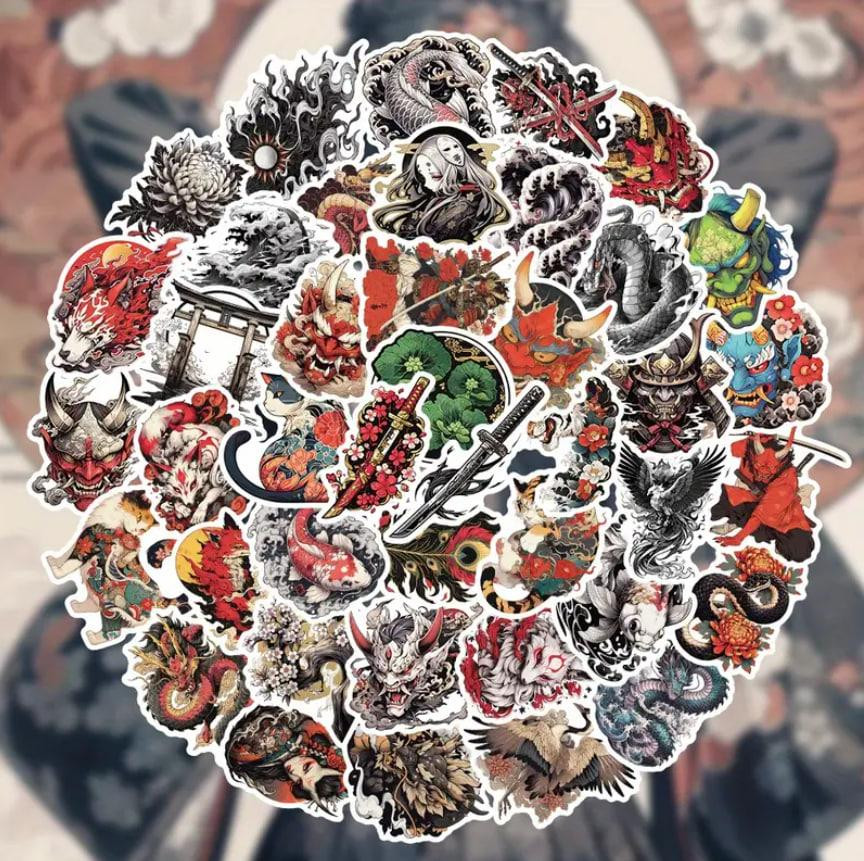 Набор из 54 ярких наклеек в стиле японских татуиров (самураи, маски, мечи, драконы). Киев - изображение 1