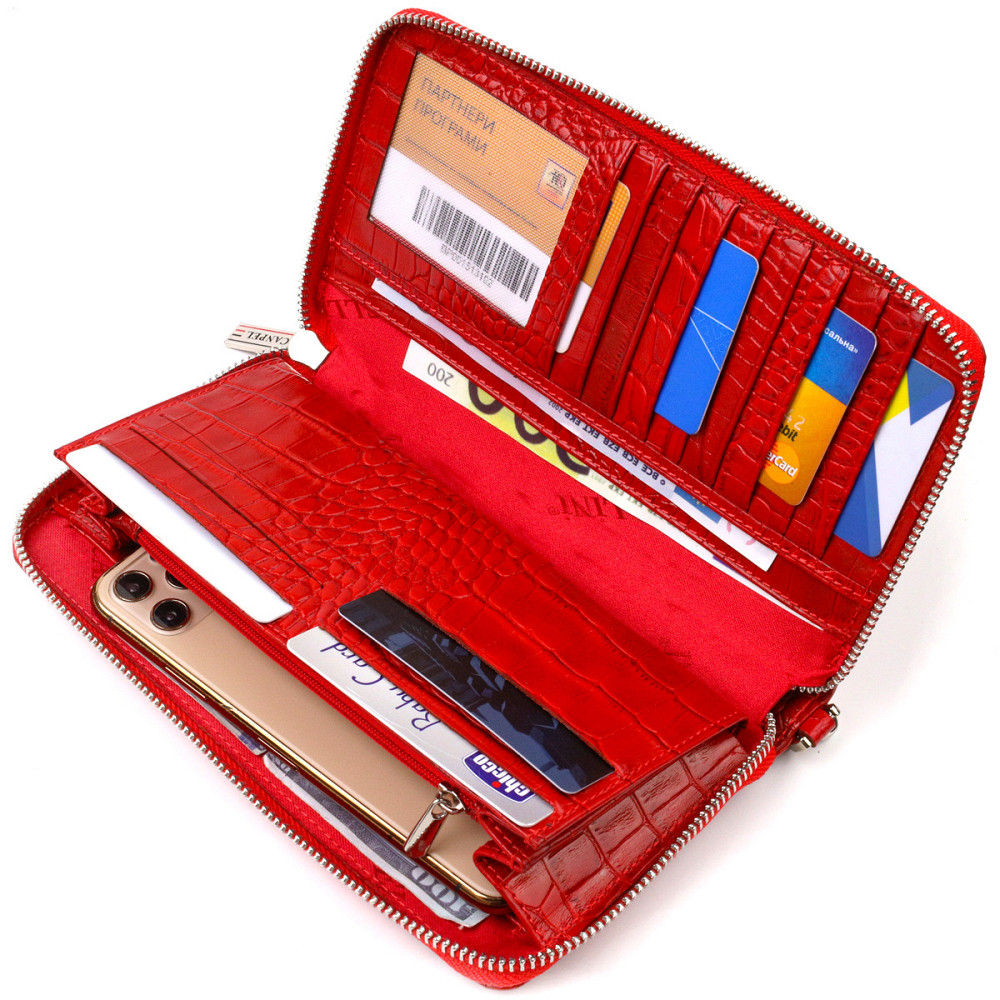 Функциональный клатч для женщин из натуральной кожи с тиснением под крокодила CANPELLINI 21920 Красный Киев - изображение 5