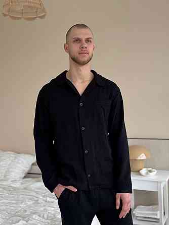 Чоловічий домашній костюм з муслінової тканини на ґудзиках Чорний M-L Харків