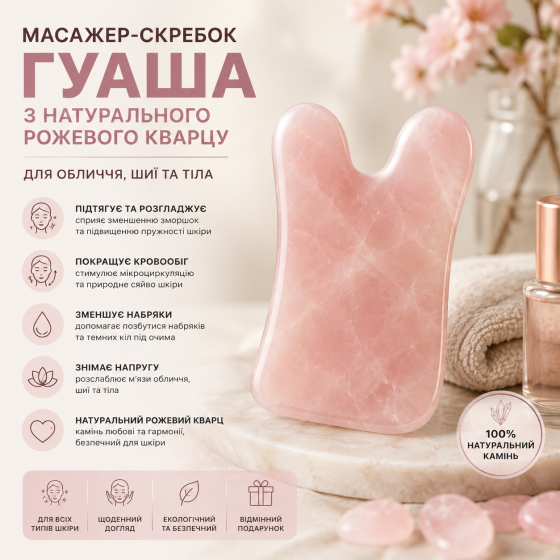 Масажер-скребок Гуаша з натурального рожевого кварцу, масажер для обличчя, шиї та тіла, Gua Sha Stone Київ