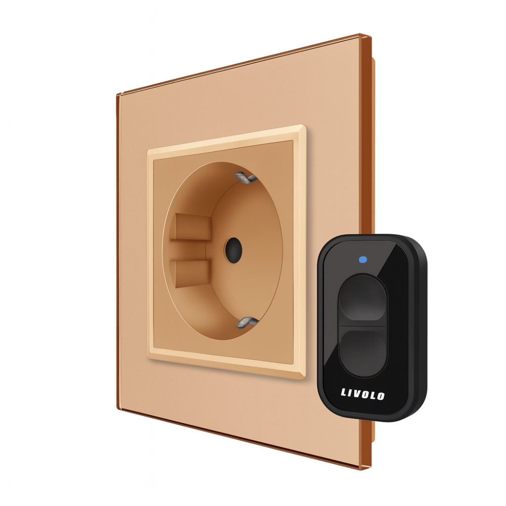 Радіокерована (дистанційна) розетка з пультом LIVOLO, золота, з заземленням та захисними шторками, керування зі смартфона, Alexa, Google Home, 16А 230 Коломыя - изображение 1