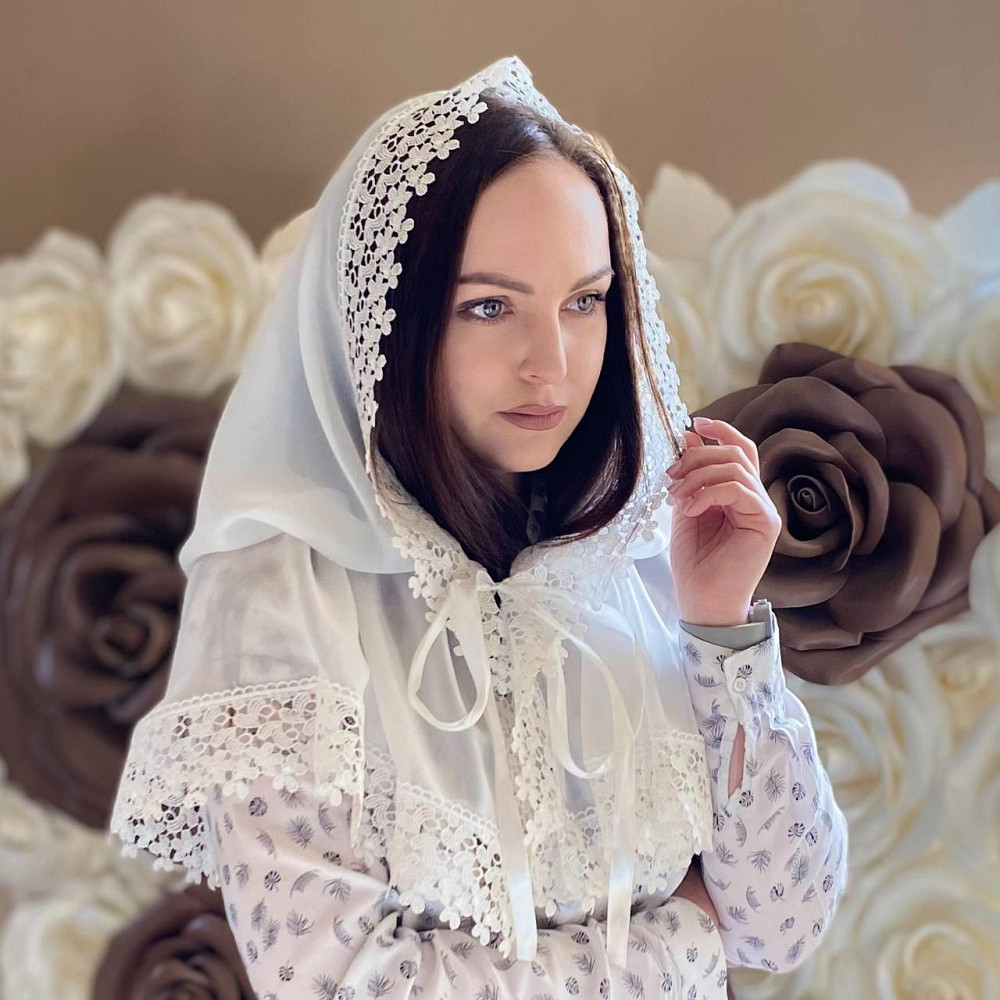 Палантин для жінок в церкву жіноча мереживна шифонова хустка для храму на хрестини мамі, обряду вінчання Ажурні квіти 80*120 см Betis молочний Кривий Ріг - фото 1