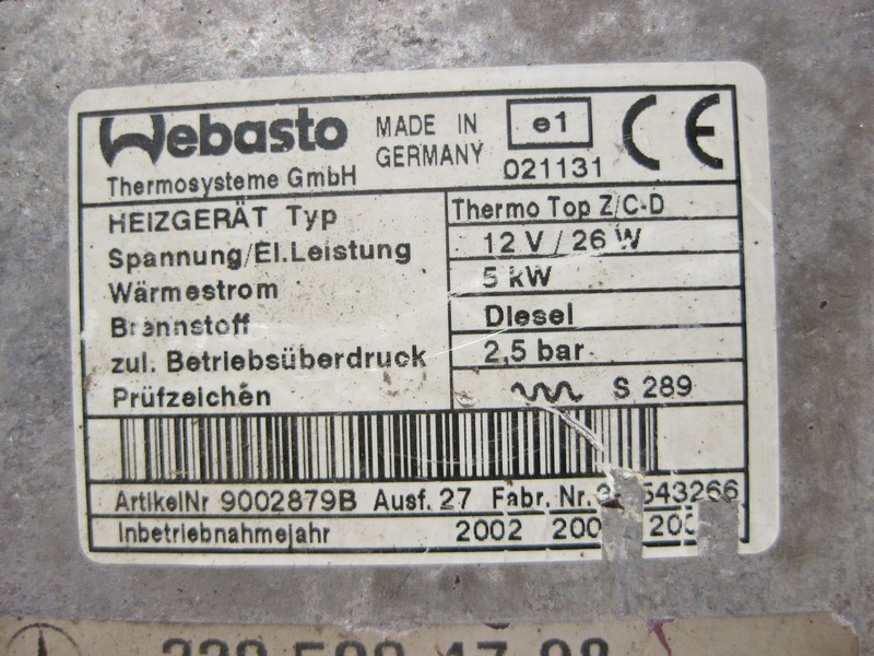 Mercedes-Benz  A2205002098 Додатковий підігрівач Webasto Thermo Top Z/C-D. S-class short W220 Одеса - фото 8