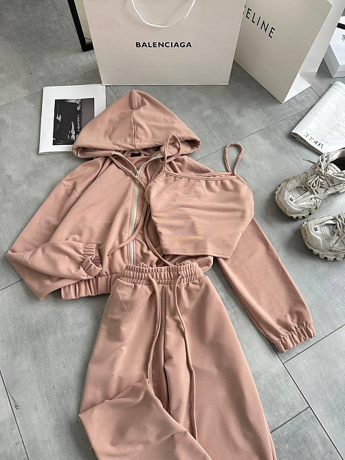 Женский повседневный костюм тройка: кофта топ и штаны двунить 42/44, Беж Одесса - изображение 6