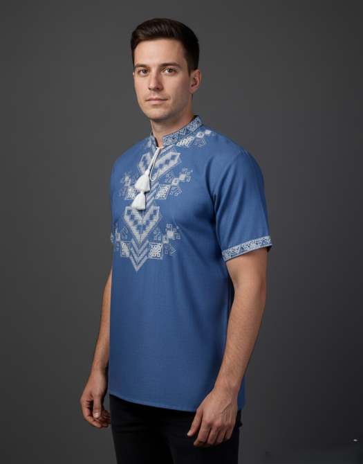 Синяя мужская вышиванка натуральная Дерево жизни короткий рукав Киев - изображение 2
