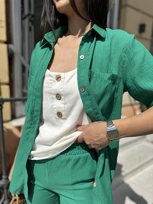 Женский легкий прогулочный костюм тройка: рубашка майка и брюки шелковый креп жатка Зелёный, 42/44 Одесса - изображение 3