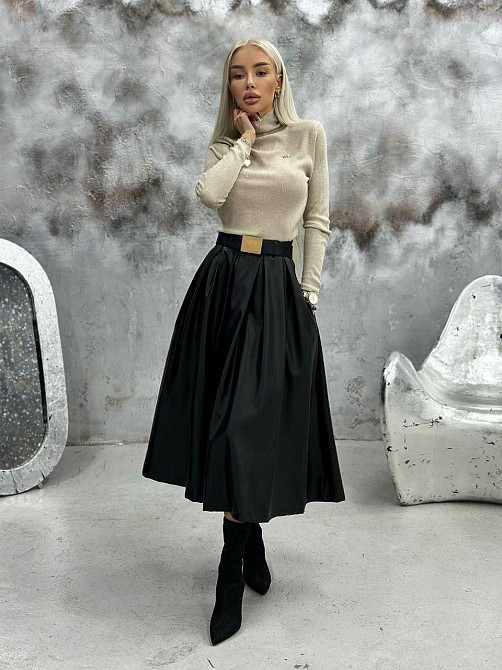 Женская теплая миди юбка со складками экокожа на флисе 48/52 Одесса - изображение 1