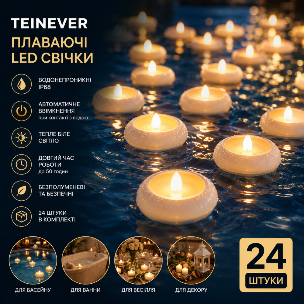 Плавающие LED свечи Teinever 24 шт, водонепроницаемые, беспламенные, теплый белый свет, автоматическое включение, для бассейна Киев - изображение 1