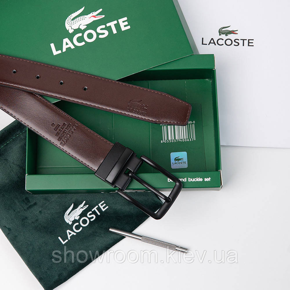Чоловічий шкіряний двосторонній ремінь із чорною пряжкою Lacoste (984) Київ - фото 7
